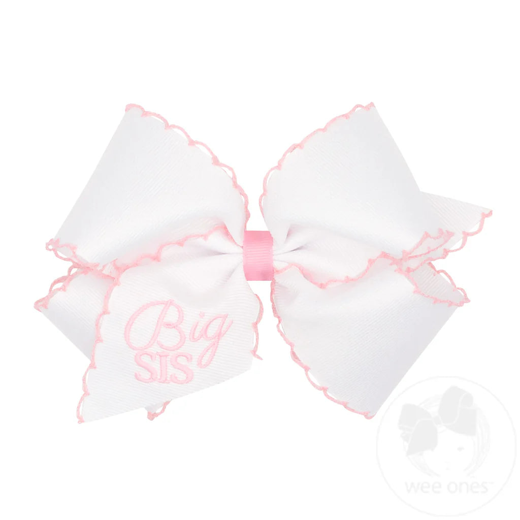 Wee Ones King Grosgrain Hair Bow with Light Pink Moonstitch Edge and Big Sis Embroidery