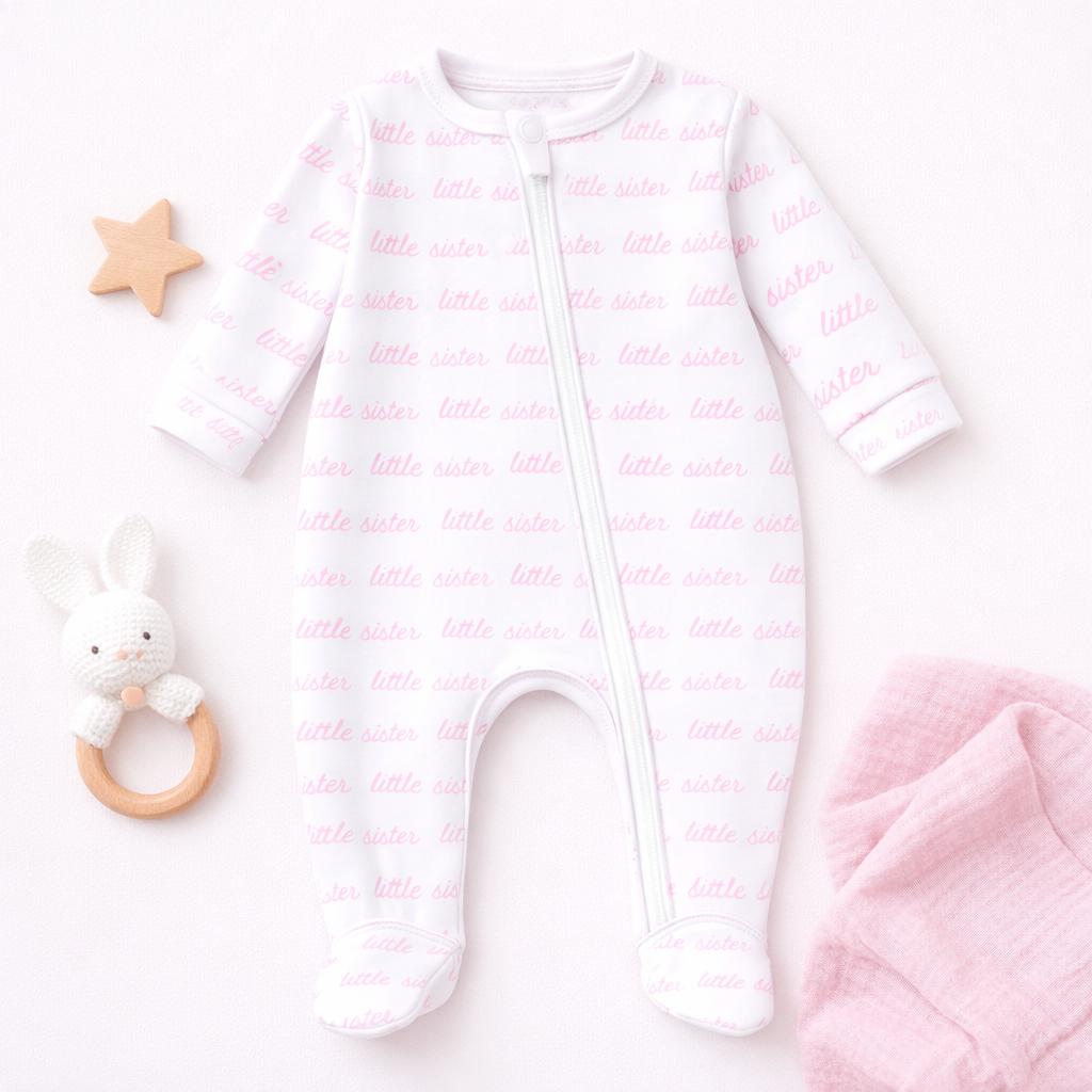 Magnolia Baby Little Sister Print Zip Footie