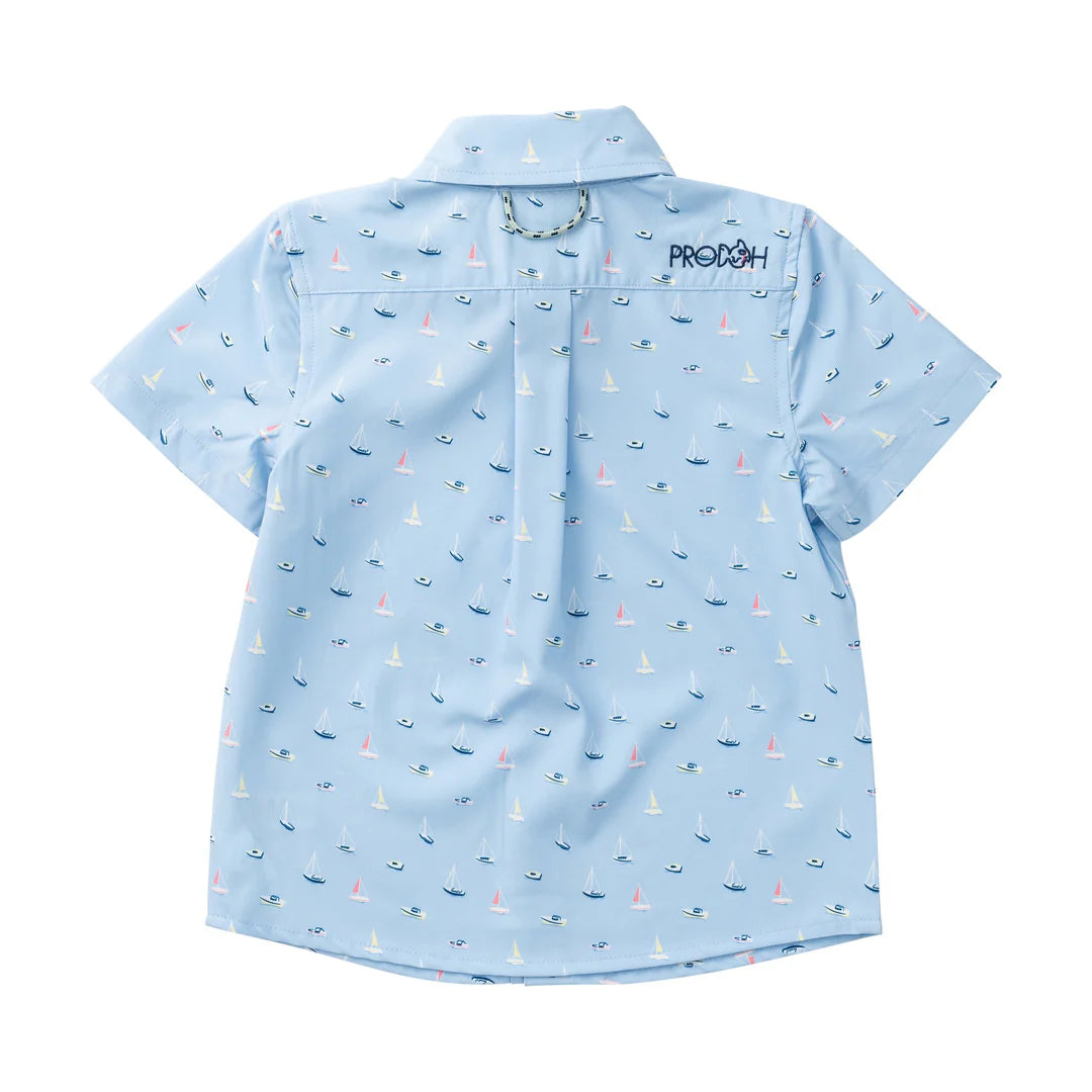 Prodoh Boys' Short Sleeve Button Down Shirt — Windsurfer Boats in the Bay Print