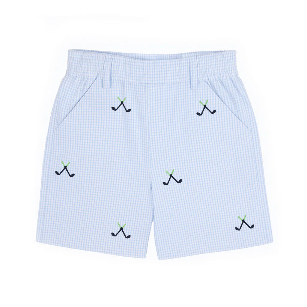Florence Eiseman Check Seersucker Short with Embroidered Golf Clubs
