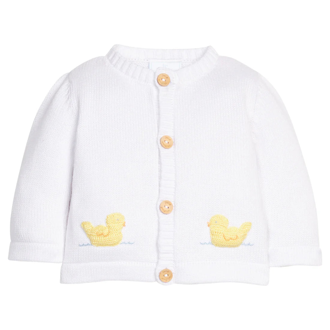 Little English white crochet baby cardigan with yellow duck