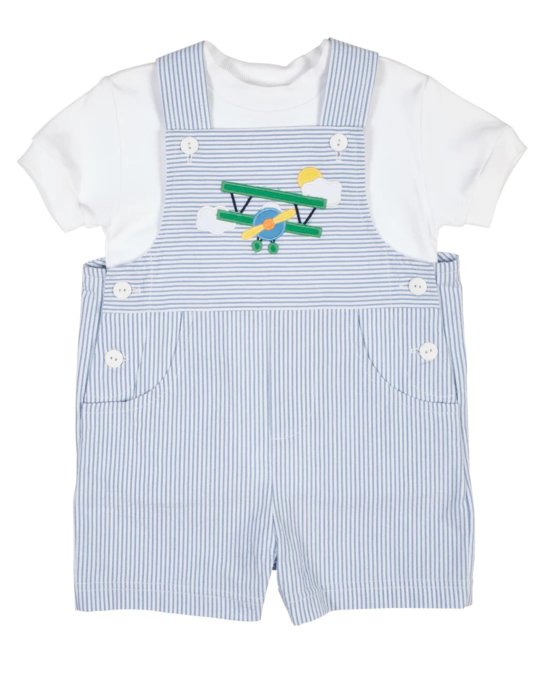 Florence Eiseman Seersucker Shortall With Airplane with T-shirt with Ribbing
