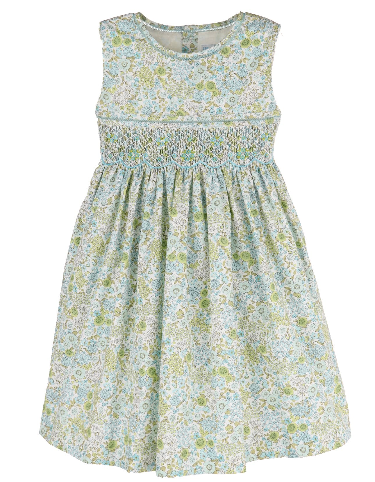 Luli & Me Floral Bouquet smocked girls dress in turquoise