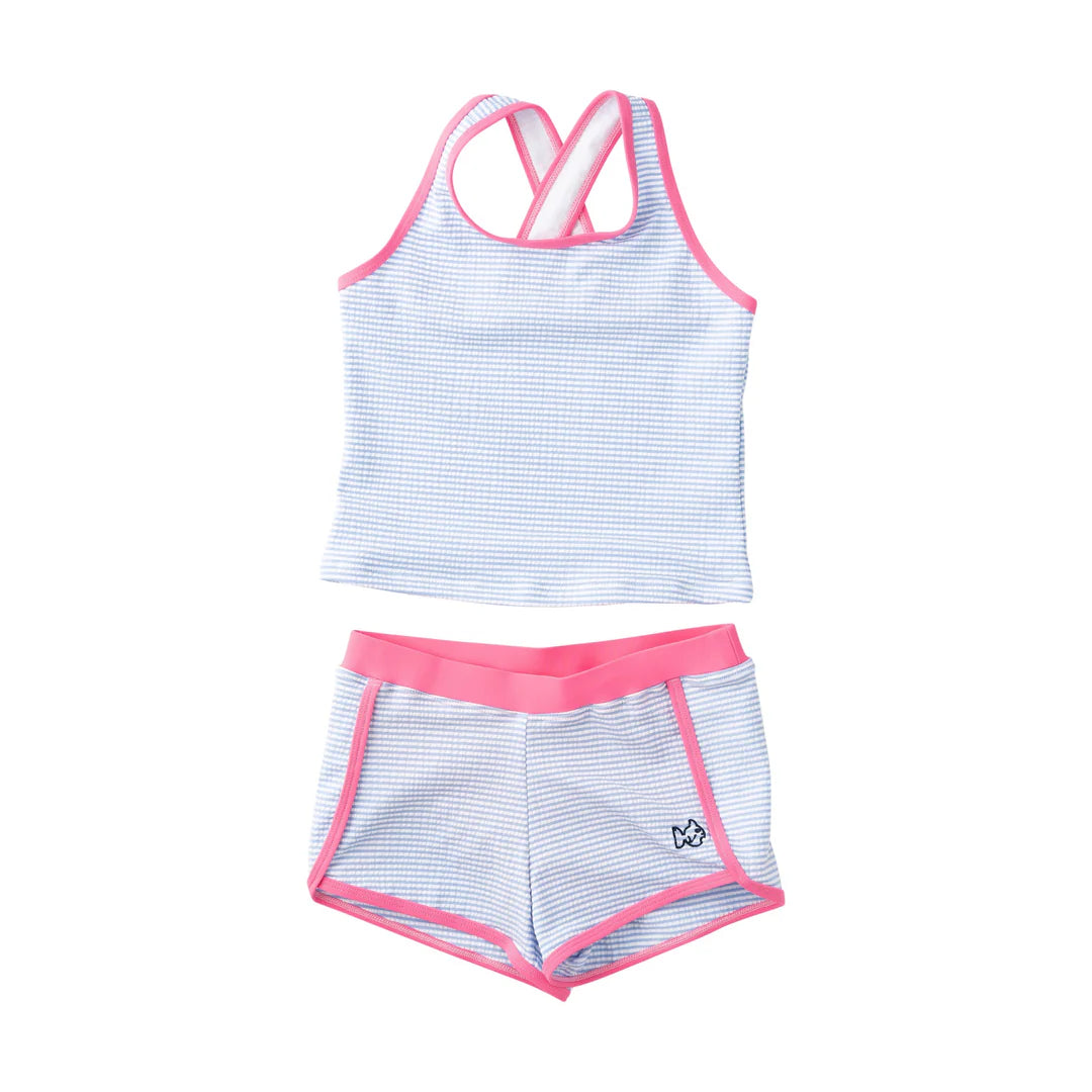 Prodoh Girls' Seaside Tankini Set – Blue Seersucker with Pink Trim