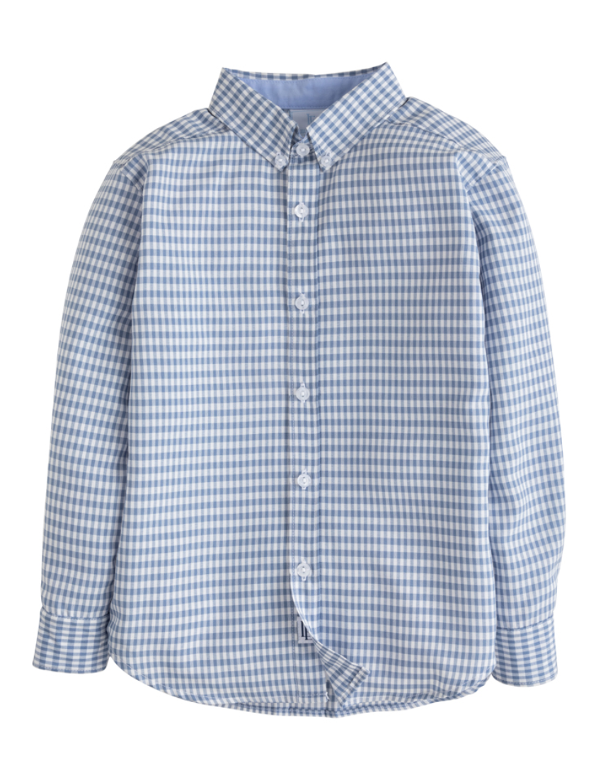 Little English Button Down Shirt - Gray Blue Gingham