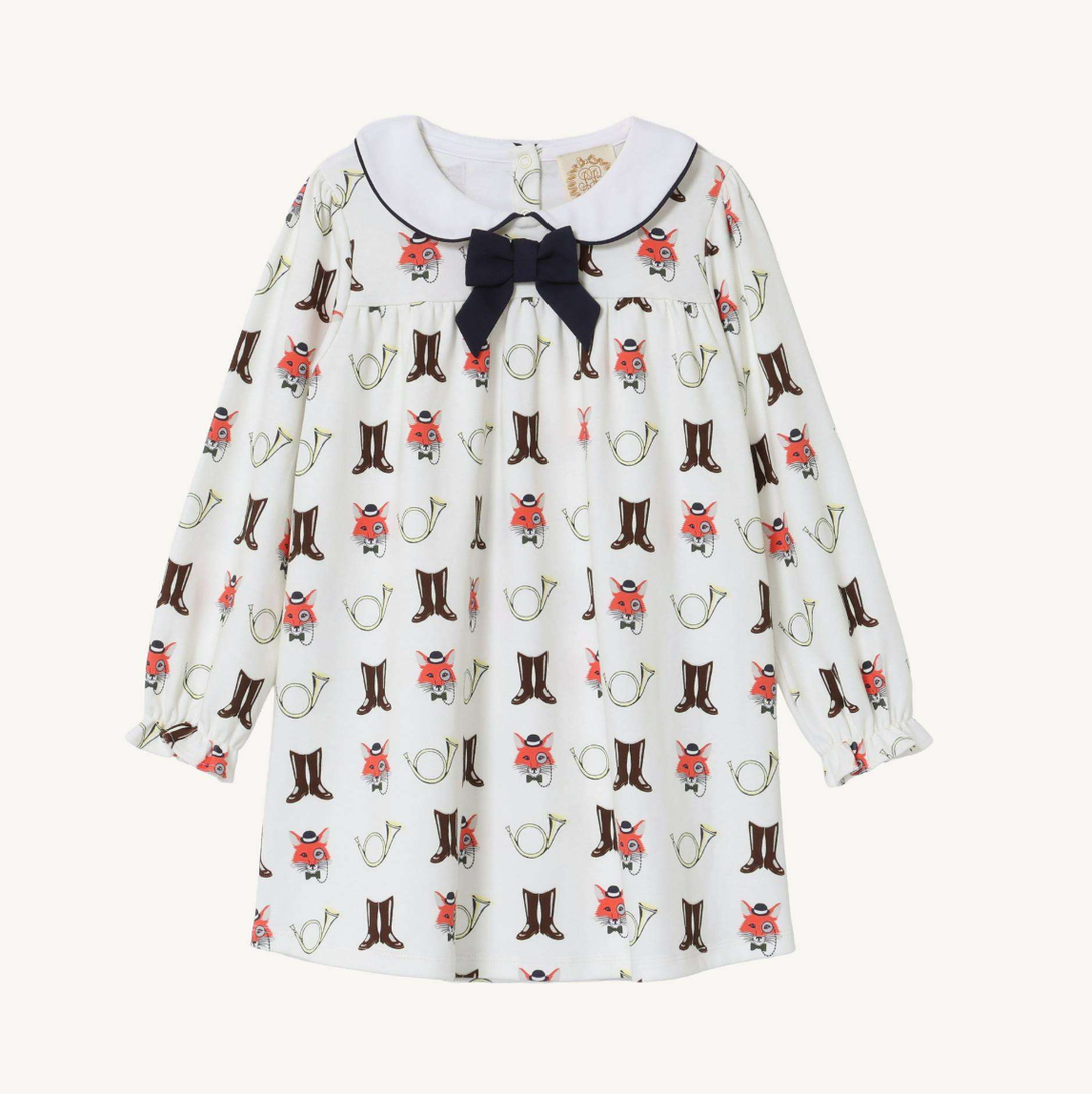 The Beaufort Bonnet Company Long Sleeve Banks Bow Dress- Pima Happy Hunting/Worth Ave White/Nantucket Navy
