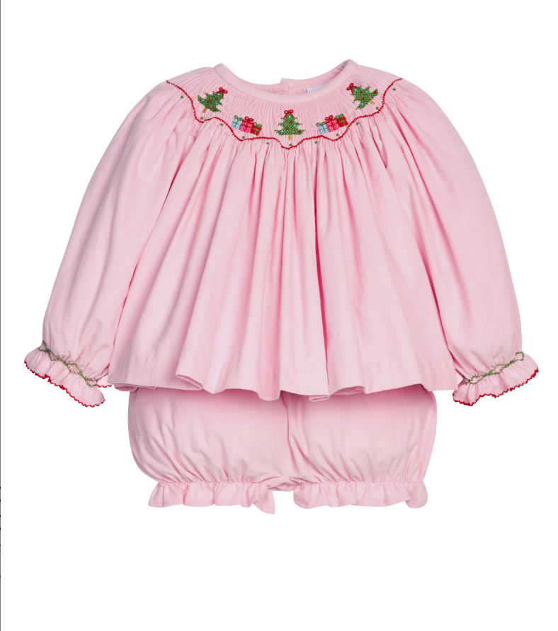 Little English Smocked Bishop Bloomer Set - Holly Days