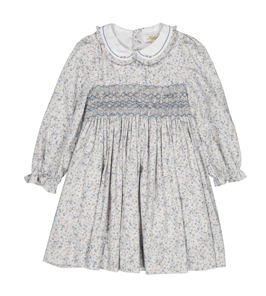 Kidiwi Héloïse Smocked Girl Dress in Small Blue Flowers Print