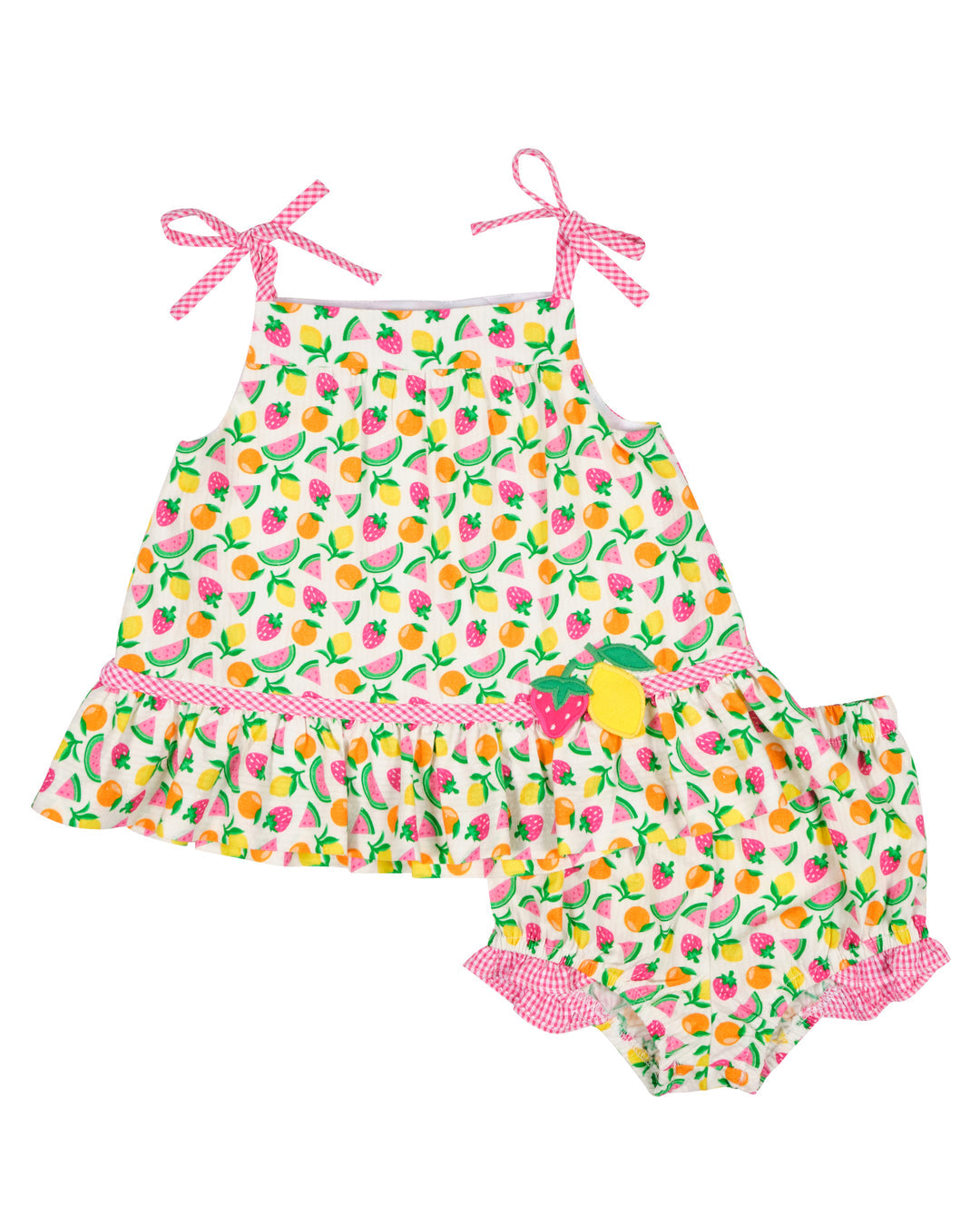 Florence Eiseman Printed Seersucker Dress & Bloomer With Fruit
