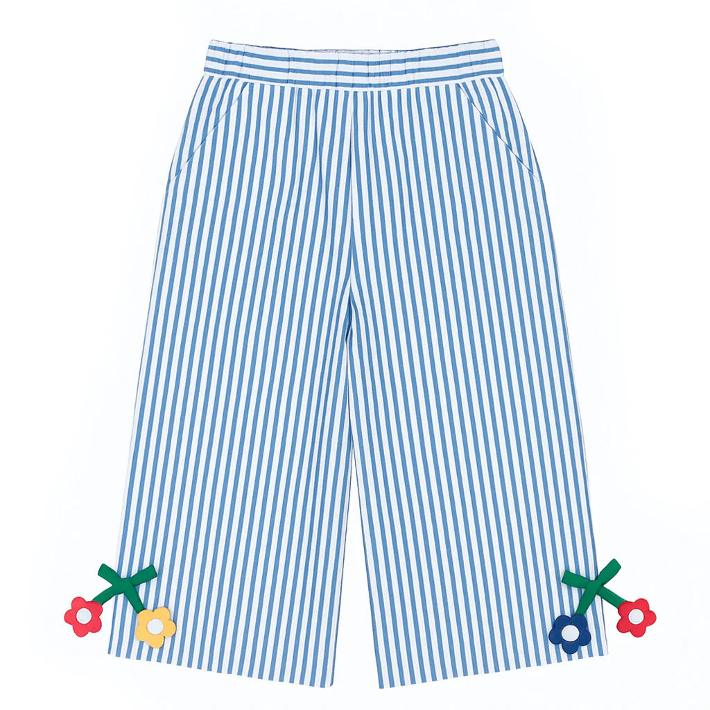 Florence Eiseman royal white seersucker girls pants with flower appliques