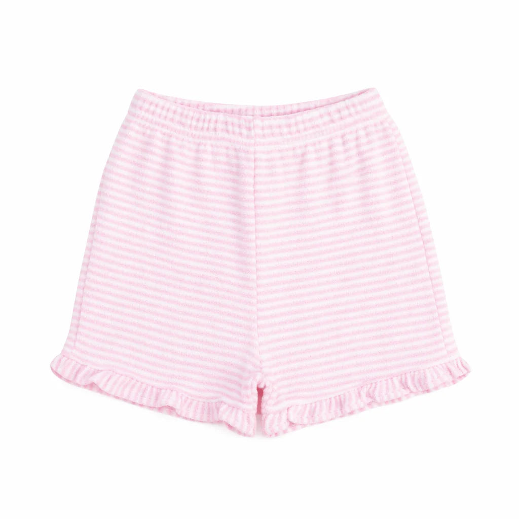 Florence Eiseman pink white stripe terry shorts with ruffle hem