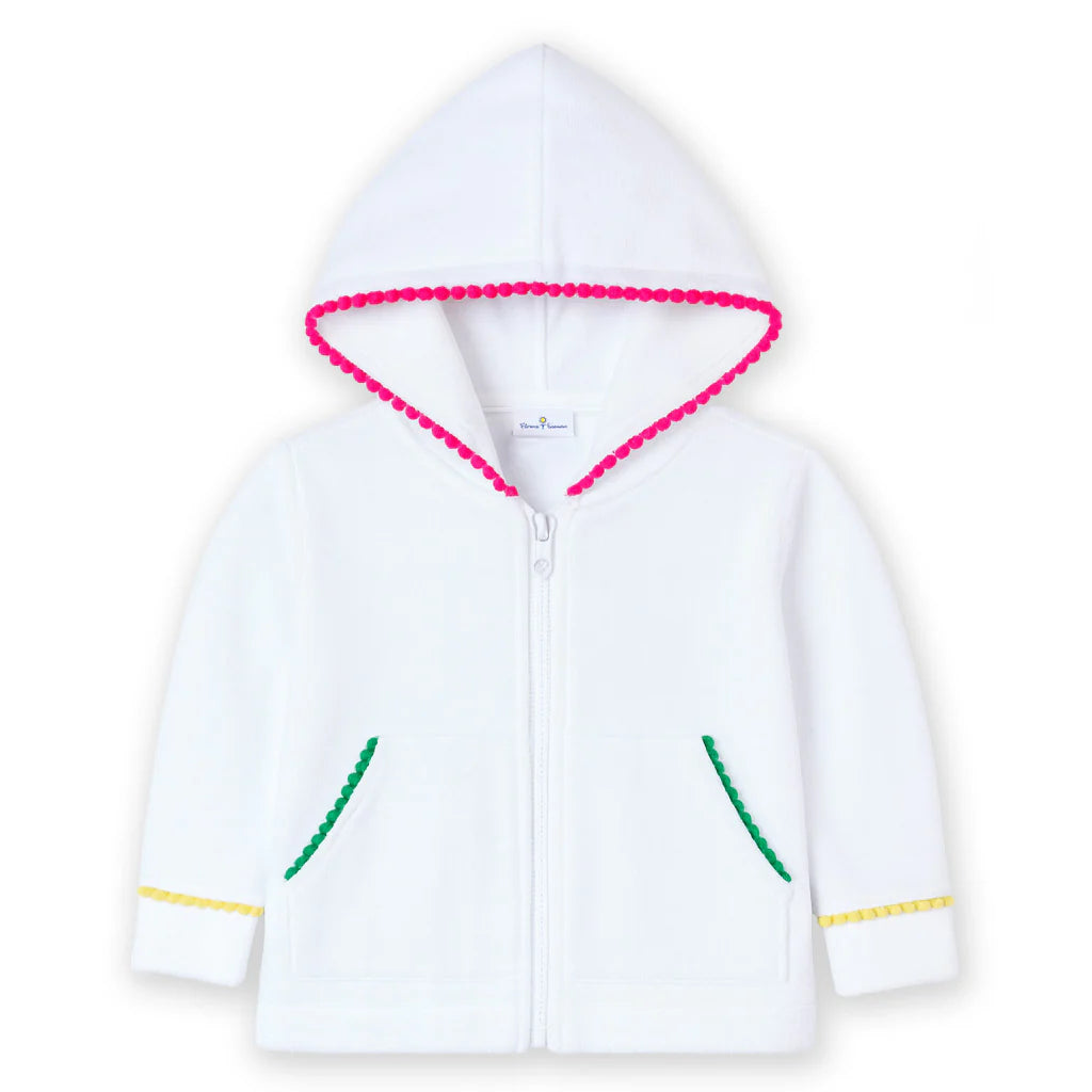 Florence Eiseman white terry cloth girls hoodie with colorful pom poms