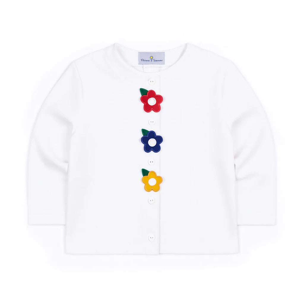 Florence Eiseman white knit girls cardigan with colorful flower appliques