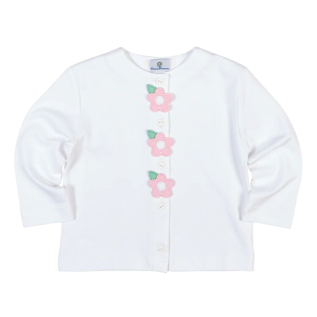 Florence Eiseman white knit girls cardigan with pink flower appliqué