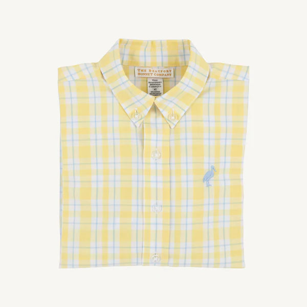 The Beaufort Bonnet Company Dean’s List Dress Shirt Forsyth Park Plaid stork embroidery