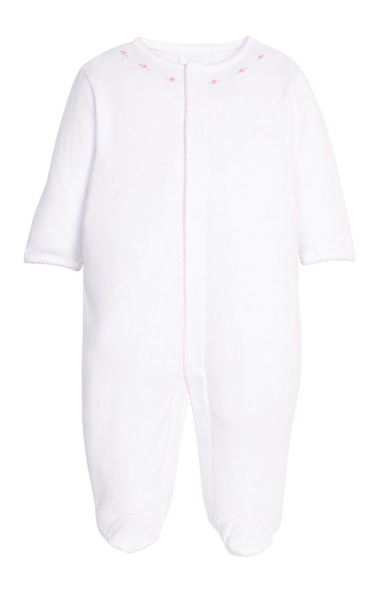 Little English embroidered baby footie in primrose