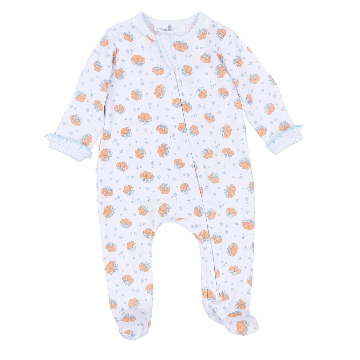 Magnolia Baby Pretties in the Patch Print Ruffle Zip Footie- Sky Blue
