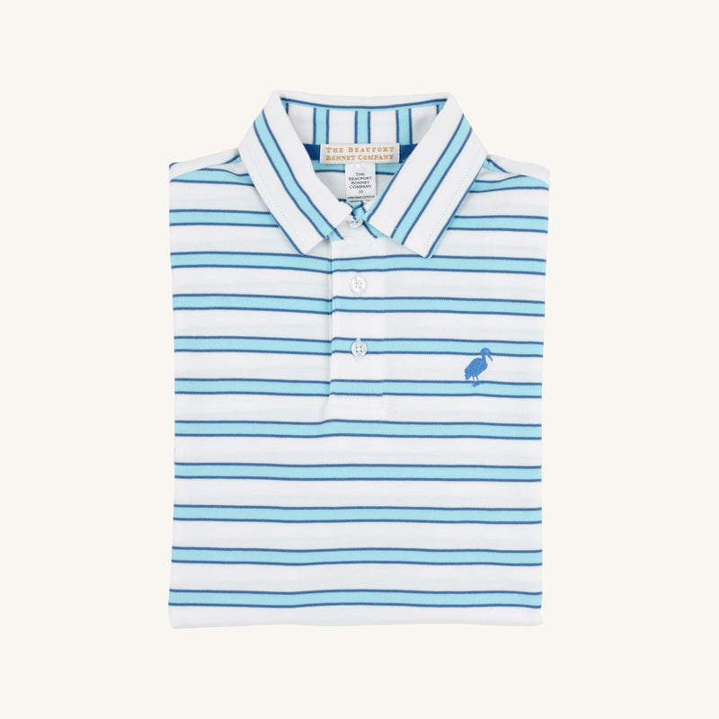 The Beaufort Bonnet Company Prim & Proper Polo & Onesie striped with Wood Boat Blue stork