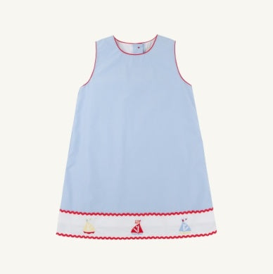 The Beaufort Bonnet Company Annie Apron Dress- Beale Street Blue/Worth Ave White/Sailboats