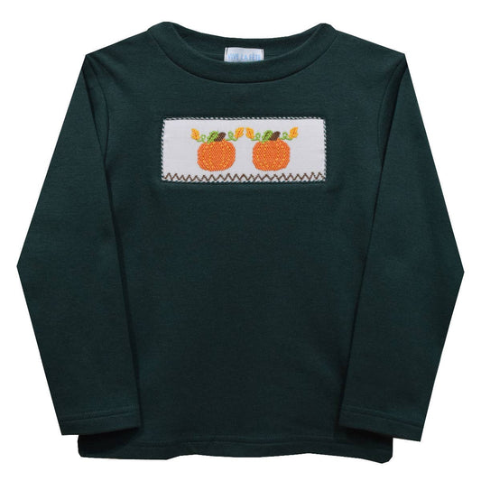 Orange Pumpkin Smocked Hunter Green Long Sleeve Boys T-Shirt