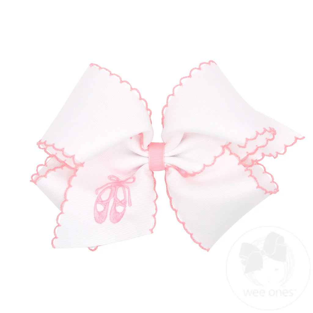 Wee Ones King Grosgrain Hair Bow with Pink Moonstitch Edge and Ballet Slippers Embroidery