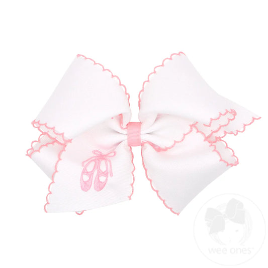 Wee Ones King Grosgrain Hair Bow with Pink Moonstitch Edge and Ballet Slippers Embroidery