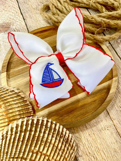 Sailboat Embroidered Classic Hair Bow | Clip or Headband