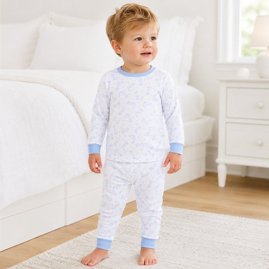 Darling Cowboy Boots Long Pajamas - Light Blue