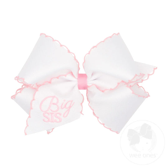 Wee Ones King Grosgrain Hair Bow with Light Pink Moonstitch Edge and Big Sis Embroidery