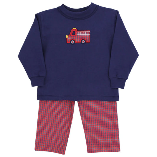Little Plaid Firetruck, Boys Plaid Pant Set