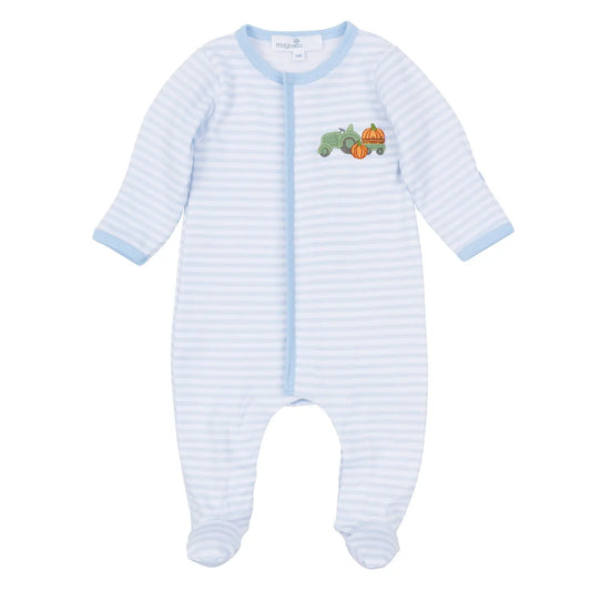Magnolia Baby Pumpkin Tractor Applique Footie - Light Blue