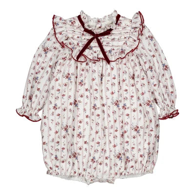 Horsia, girls’ romper with a burgundy red floral pattern