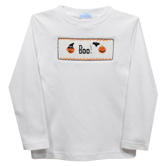 Boo Halloween Smocked White Knit Long Sleeve Boys T-Shirt