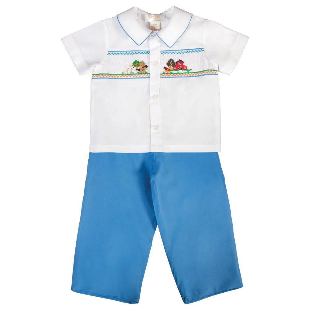 Rosalina Happy Farm Med. Blue /White Smocked Pants Set