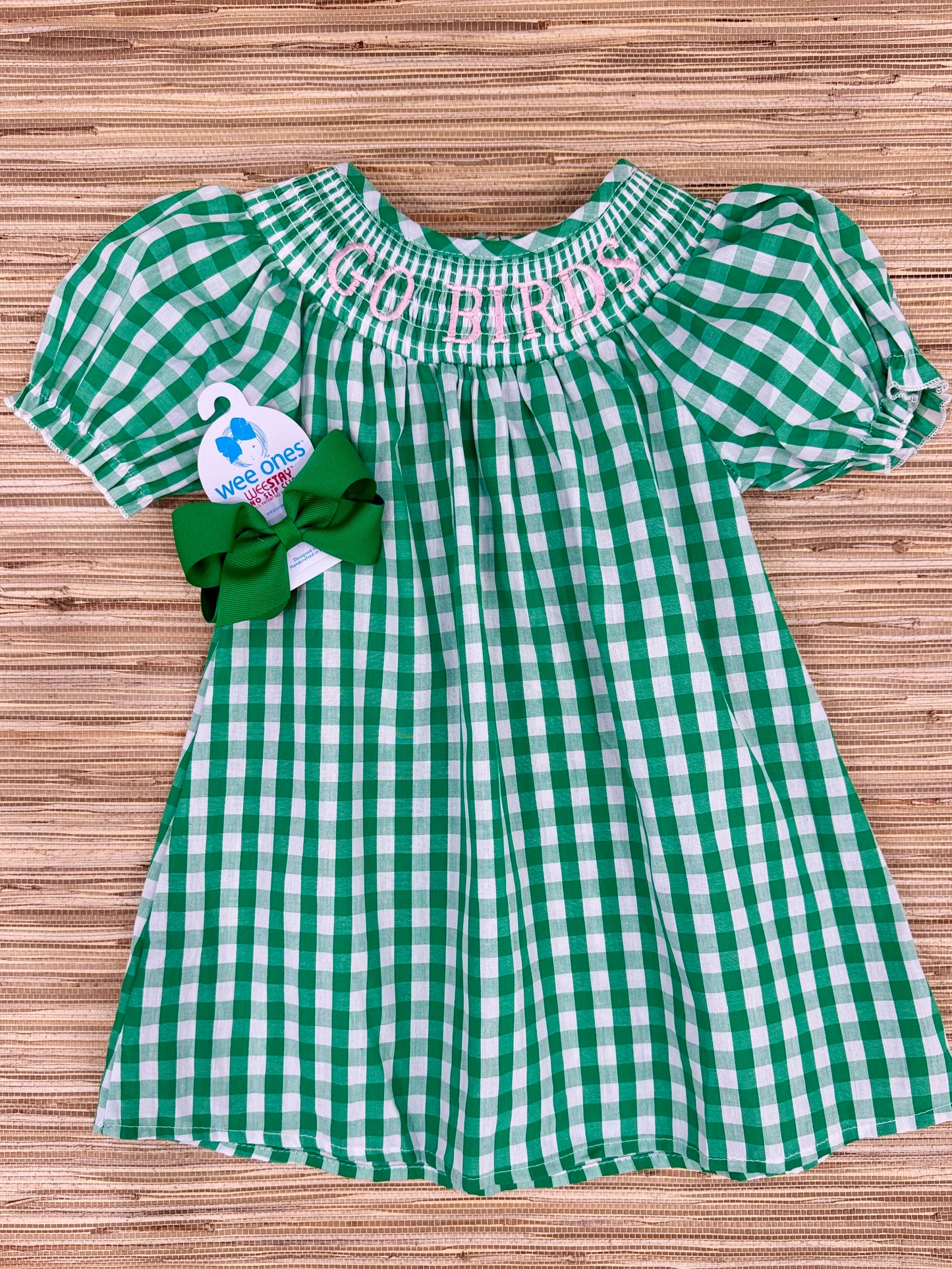Go Birds Green Plaid Smock Embroidery Dress