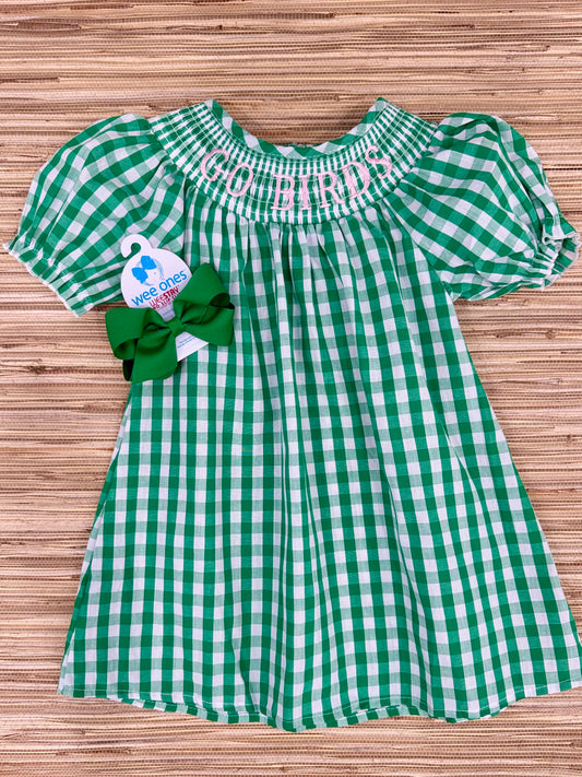 Go Birds Green Plaid Smock Embroidery Dress