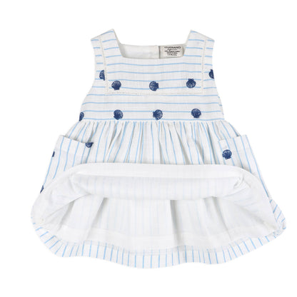 Seashells Embroidered Striped Baby Dress + Bloomer (Organic)