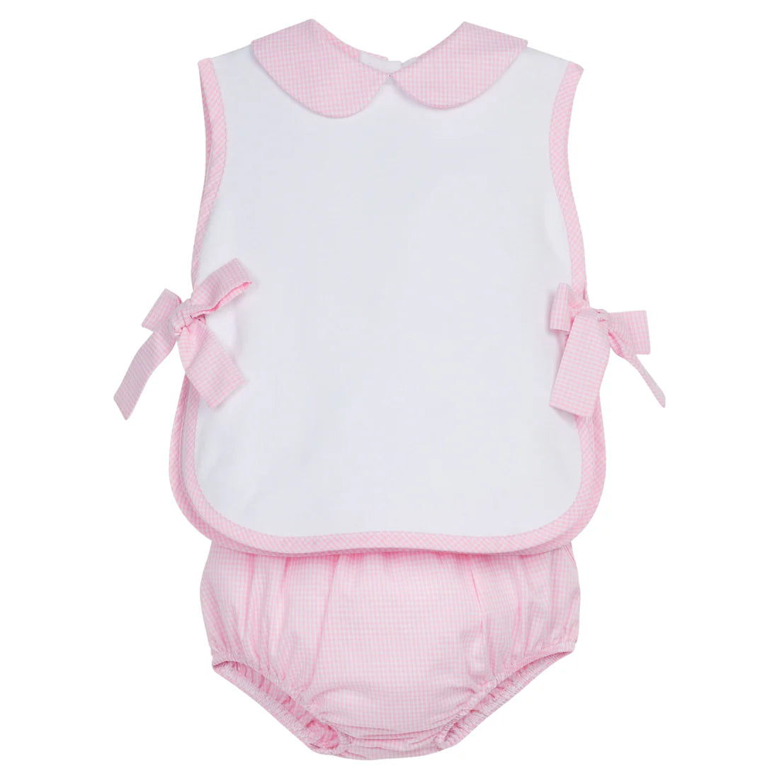 Little English bow tab diaper set white knit with pink gingham trim
