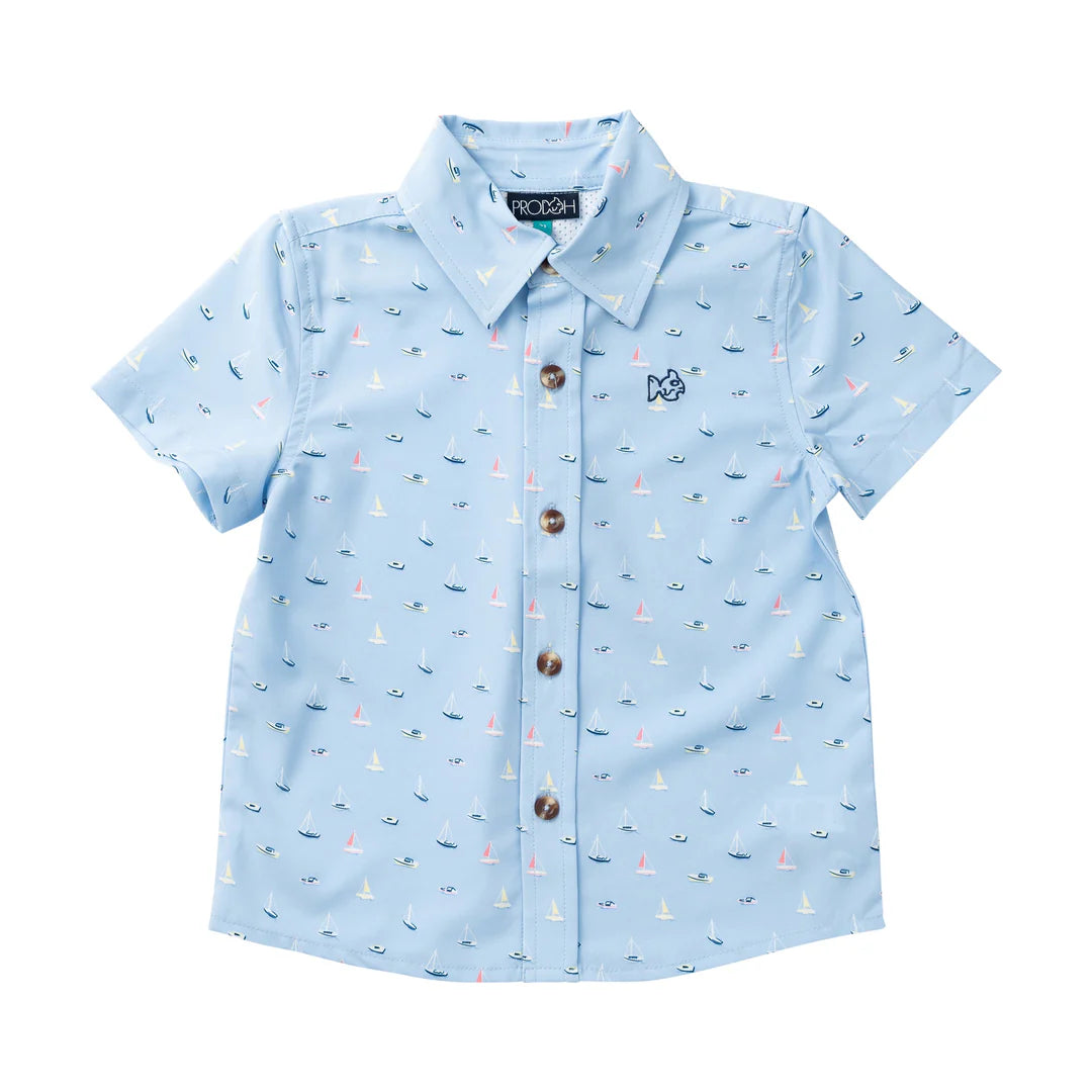Prodoh Boys' Short Sleeve Button Down Shirt — Windsurfer Boats in the Bay Print