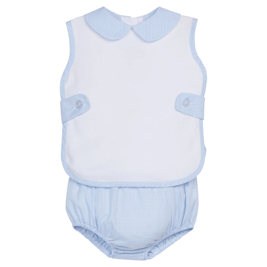Little English button tab diaper set white knit with blue gingham trim
