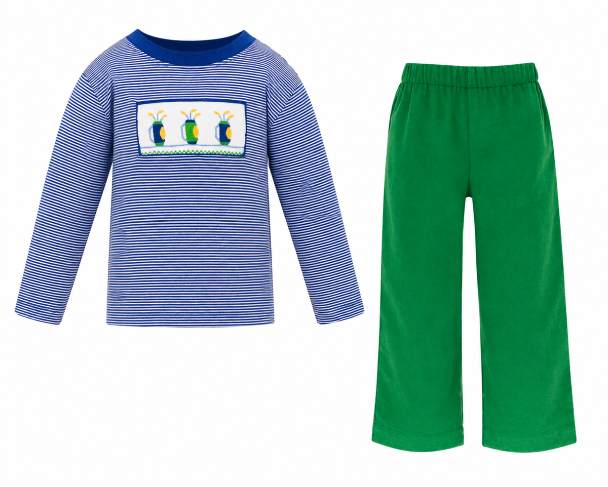 Anavini Golf Knit Striped Long Sleeve Shirt with Kelly Green Corduroy Set