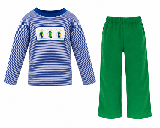 Anavini Golf Knit Striped Long Sleeve Shirt with Kelly Green Corduroy Set
