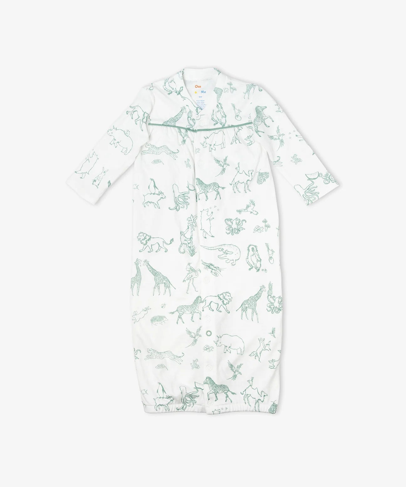 Oso & Me organic cotton convertible baby gown seafoam animal parade