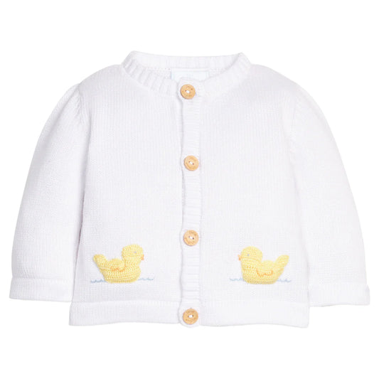 Little English white crochet baby cardigan with yellow duck
