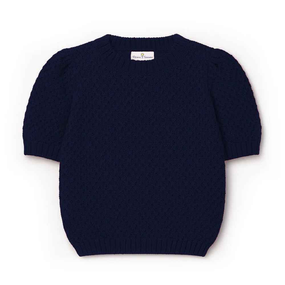 Florence Eiseman Navy Short Sleeve Sweater with Puff Sleeve