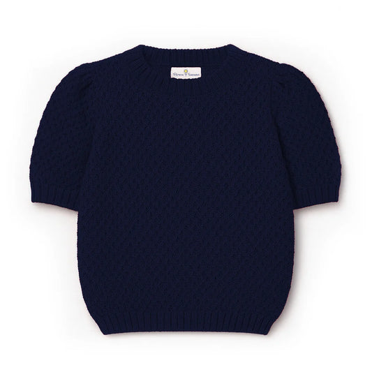 Florence Eiseman Navy Short Sleeve Sweater with Puff Sleeve