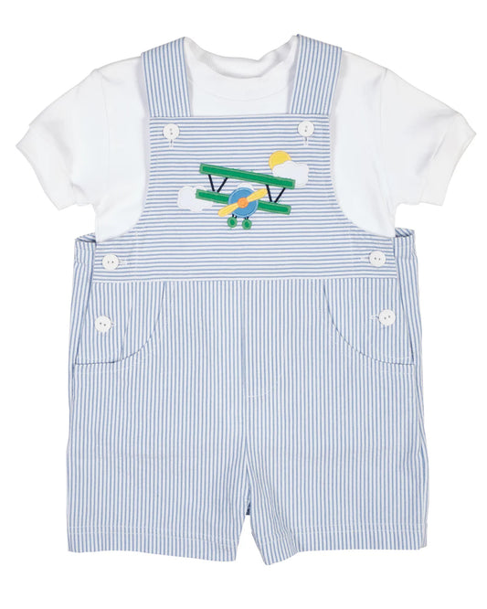 Florence Eiseman Seersucker Shortall With Airplane with T-shirt with Ribbing