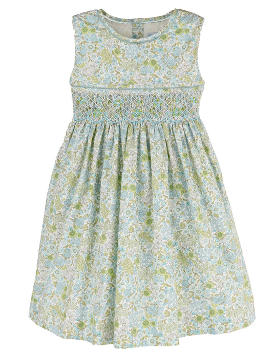 Luli & Me Floral Bouquet smocked girls dress in turquoise
