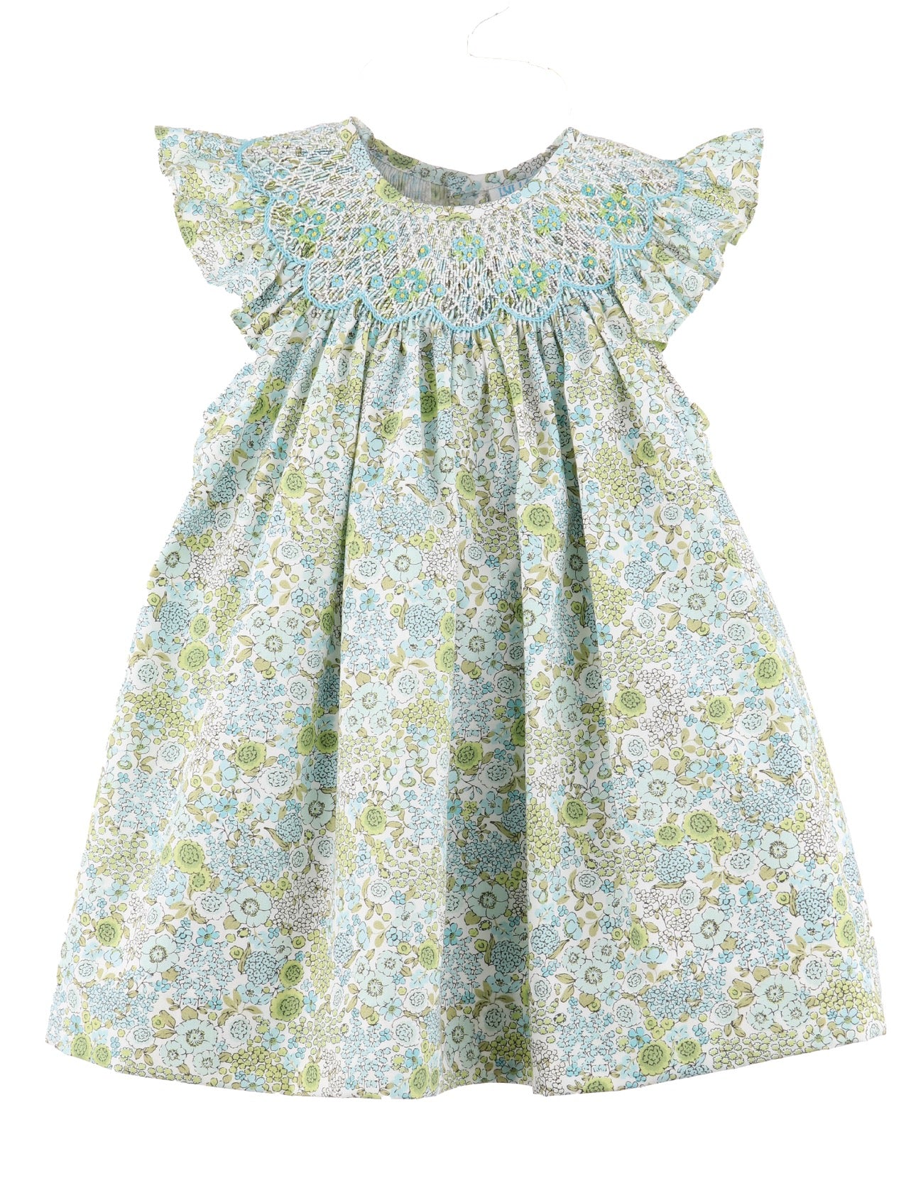Luli & Me Floral Bouquet smocked bishop dress in turquoise
