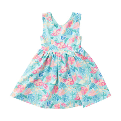 Prodoh Girls' Crisscross Back Dress Tropical Palm Print